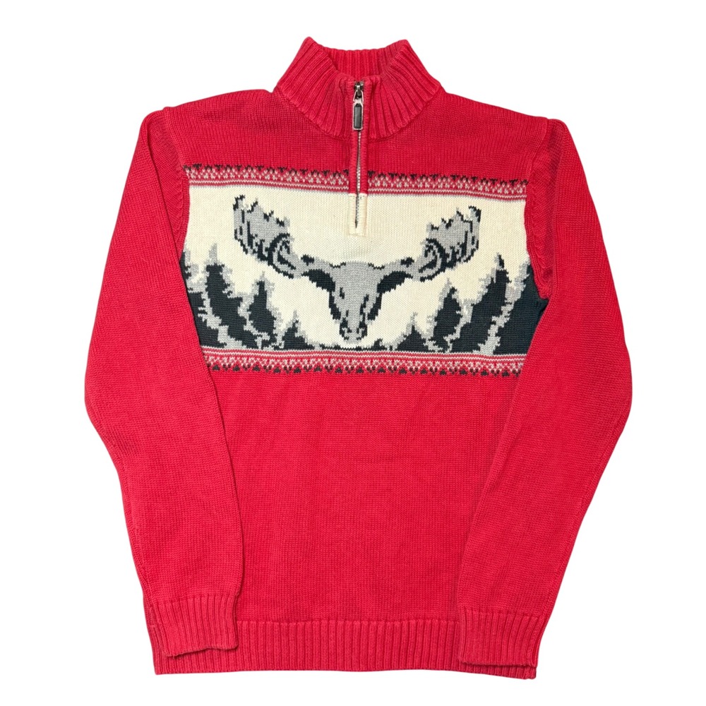 Chaps Moose Intarsia Quarter Zip Sweater Mens Small Red Cotton Mock Neck Knit